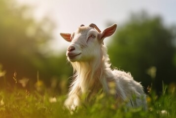 Obraz premium goat in the green grass of the garden with blurred background. generative ai