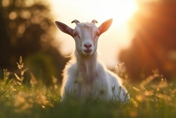 Obraz premium goat in the green grass of the garden with blurred background. generative ai
