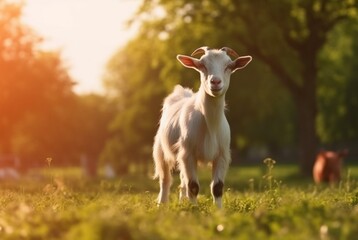 Obraz premium goat in the green grass of the garden with blurred background. generative ai