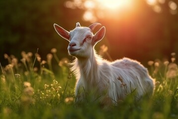 Obraz premium goat in the green grass of the garden with blurred background. generative ai