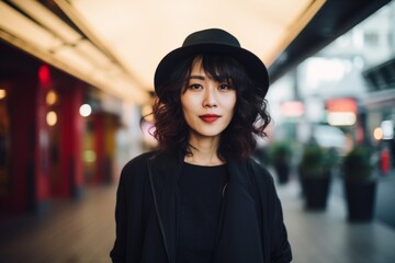 Portrait of beautiful asian woman with hat in shopping mall.