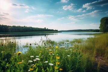 beautiful lake view with flowers and green grass. generative ai