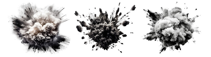Set of black explosions isolated on transparent background.