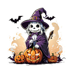 halloween illustration with pumpkin and witch. Spooky Halloween Clipart PNG for Creepy Designs