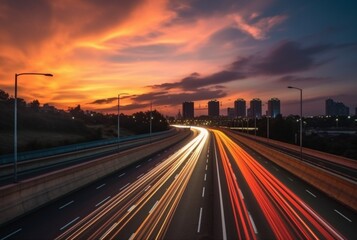 time lapse photography of highway road at night background. generative ai