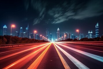 time lapse photography of highway road at night background. generative ai
