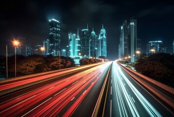 Fototapeta na wymiar time lapse photography of highway road at night background. generative ai