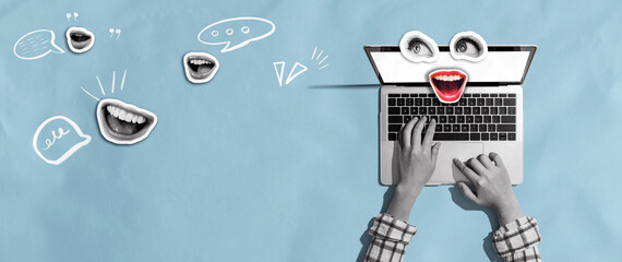 Person using a laptop computer with eyes and mouth - Photo collage design - obrazy, fototapety, plakaty