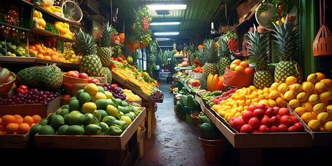 Fruit market stall, a colorful image capturing the abundance of a fruit market stall, where a variety of fresh fruits are displayed in an inviting array, enticing the senses - obrazy, fototapety, plakaty
