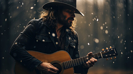 A country singer with a hat playing the guitar in winter during light snowfall - obrazy, fototapety, plakaty