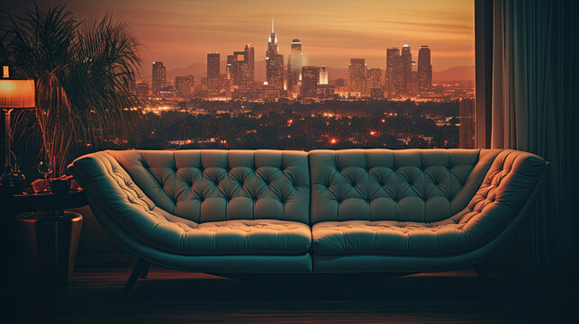 Fototapeta Leather couch stands in a room in the background you can see a big city in the USA