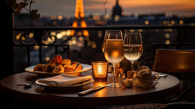 Dinner in a restaurant in the background you can see a glowing Eiffel Tower in the evening