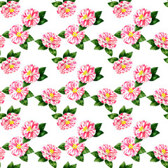 紅白の椿のシームレスパターン　手描き水彩イラストの花柄