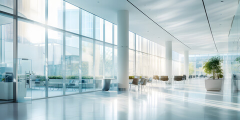 A corporate building: Corporate lobby with reflective glass walls and sparse furniture.