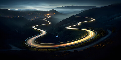 Winding Road in Mountainous Landscape at Night, aerial view of a winding mountain road illuminated by vehicle lights at twilight