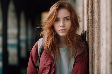 portrait of a beautiful red-haired girl in a red jacket