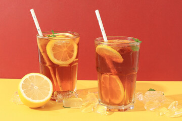 Long Island Iced Tea Cocktail with Vodka, Rum, Tequila, Gin, Liquor, Lemon Juice, Cola, and Ice