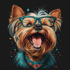 Happy Yorkshire Terrier wearing bifocal glasses dark confetti background teal, and orange