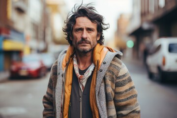 Handsome middle-aged man with curly hair in an urban context