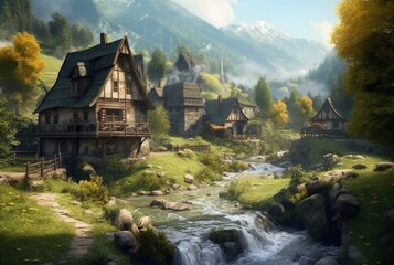 a small village with a beautiful waterfall. generative ai