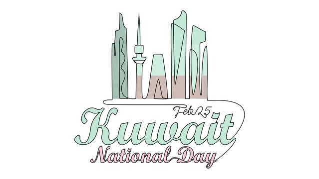 Animated self drawing of Kuwait National Days on February 25th. Kuwait National Days concept illustration in simple linear animation. Kuwait National Days concept design with full length animation