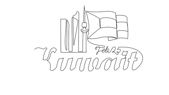 Animated self drawing of Kuwait National Days on February 25th. Kuwait National Days concept illustration in simple linear animation. Kuwait National Days concept design with full length animation