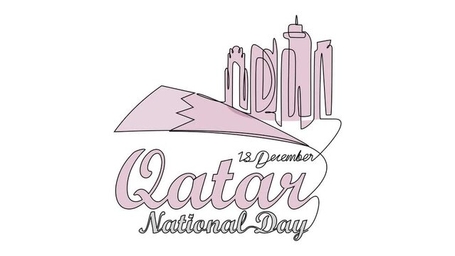 Animated self drawing of Qatar National Days on December 18th with white background. qatar National Days concept illustration in simple linear animation. Qatar National Days design with full animation