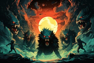 Fierce werewolves transforming under the light of the full moon - Generative AI