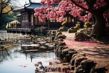 Fototapeta premium Serenity Blooms: Cherry Blossoms in Japanese Landscape by Temple