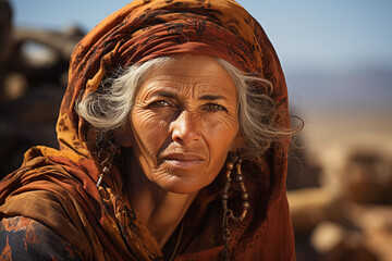 Elderly Palestine Desert Nomad Woman Gazing Intently, Sunlit Backdrop