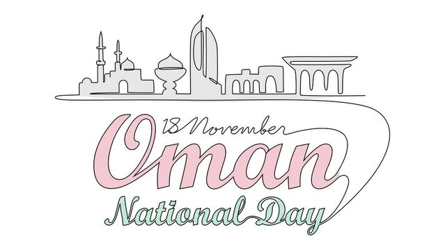 Animated self drawing of Oman National Day in 18th November. Oman National Day design concept illustration in simple linear animation. Oman National Day design concept with full length animation.