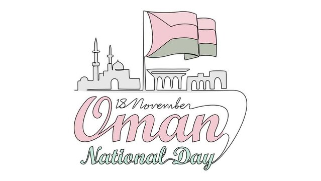 Animated self drawing of Oman National Day in 18th November. Oman National Day design concept illustration in simple linear animation. Oman National Day design concept with full length animation.