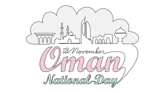 Animated self drawing of Oman National Day in 18th November. Oman National Day design concept illustration in simple linear animation. Oman National Day design concept with full length animation.