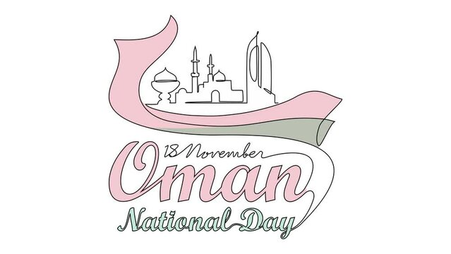 Animated self drawing of Oman National Day in 18th November. Oman National Day design concept illustration in simple linear animation. Oman National Day design concept with full length animation.