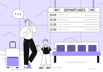 Family in airport vector line