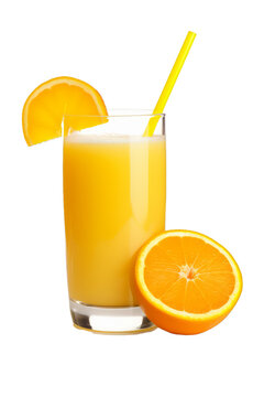 glass of orange juice and orange on a transparent white background