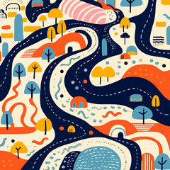 Tunnels and mountain passes quirky doodle pattern, background, cartoon, vector, whimsical Illustration