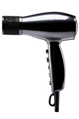 An unbranded black hair dryer on a transparent white background
