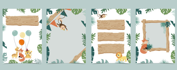 Wood frame collection of safari background set.Editable vector illustration for birthday invitation,postcard and sticker © piixypeach