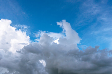 Blue sky fluffy white clouds on summer season bright clear skyline with beautiful cloudscape. Panorama blue sky clouds pattern on daylight with copy space. Cumulus cloudscape air climate sunny day