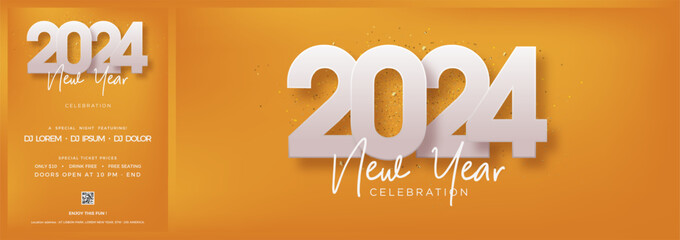 Happy new year 2024 with white numbers on orange background. Premium vector background to celebrate happy new year 2024.