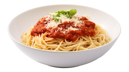 Bowl of delicious spaghetti bolognese on a white transparent background - obrazy, fototapety, plakaty