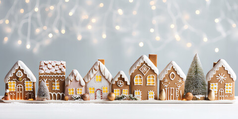 A row of gingerbread festive christmas houses with bokeh lights in the background
