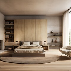 Room with minimalist design and bed