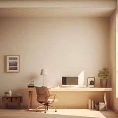 Office with beige walls and large desk