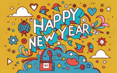 Happy New Year poster, flyer, background, banner design for celebration concept. Lettering text for Happy New Year. Holiday illustration.