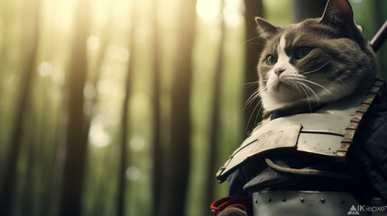 cat wearing samurai holding uniforms with on bamboo forest background. Generative AI - obrazy, fototapety, plakaty