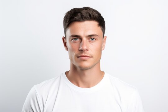 Portrait of handsome young man in white t-shirt on grey background