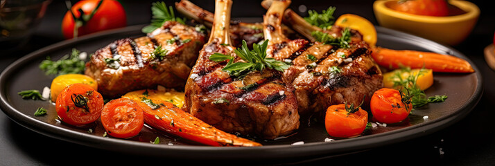Delicious grilled lamb chops with roasted carrots on a chic marble in the restaurant.