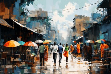 painting of people shopping in street of an urban market, light sky-blue and orange, afrofuturism, cluttered, pixelated, cracked, palette knife. generative AI - obrazy, fototapety, plakaty